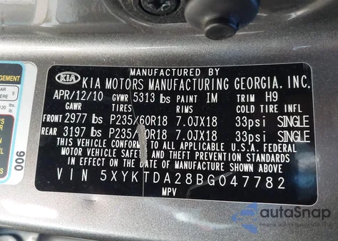 2011 Kia Sorento Lx V6 from USA, damaged, VIN 5XYKTDA28BG047782